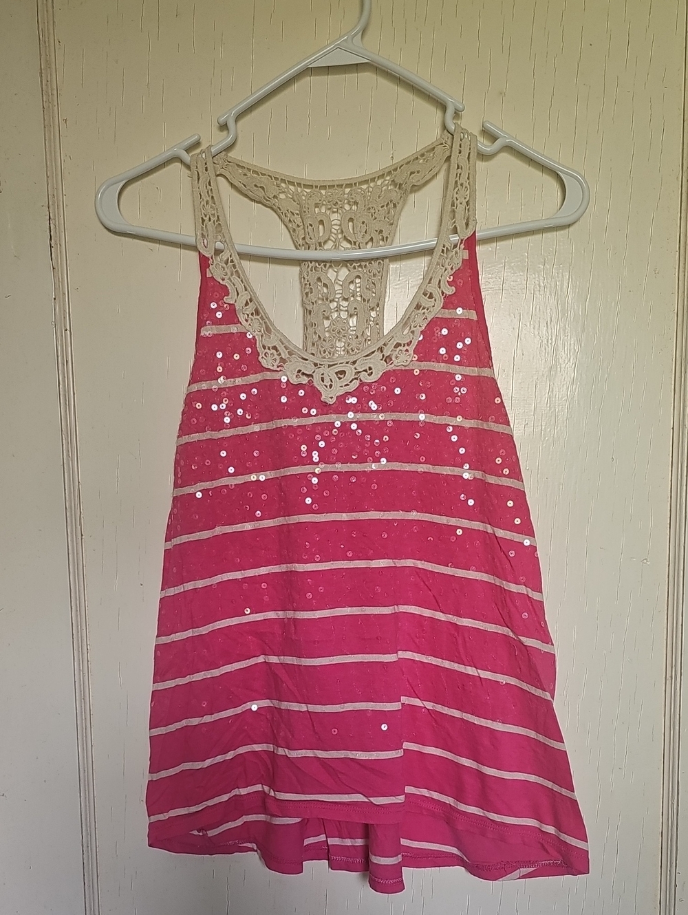Womens Express S Crochet-Back Pink Sequin Striped Tank Top